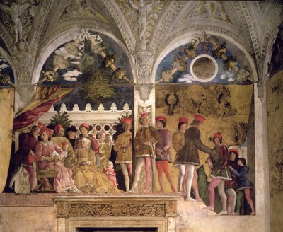 Marchese Ludovico Gonzaga III von Mantua (reg. 1444-78), seine Frau Barbara von Brandenburg, Kinder, Höflinge und ihr Hund Rubino, aus der Camera degli Sposi oder Camera Picta, 1465-74 (Detail) von Andrea Mantegna